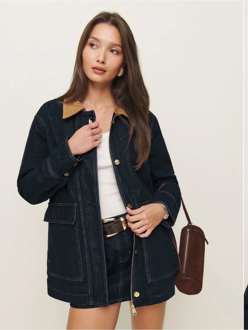 Reformation Dark Denim Jacket with Tan Corduroy Collar